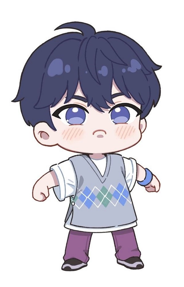 Chàng trai chibi ngồi trên một đám mây bồng bềnh, nhìn xuống.