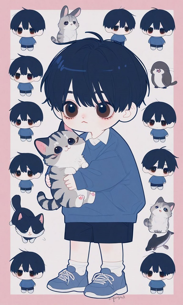 Chibi nam anime đang giơ tay chào, biểu cảm tươi tắn.