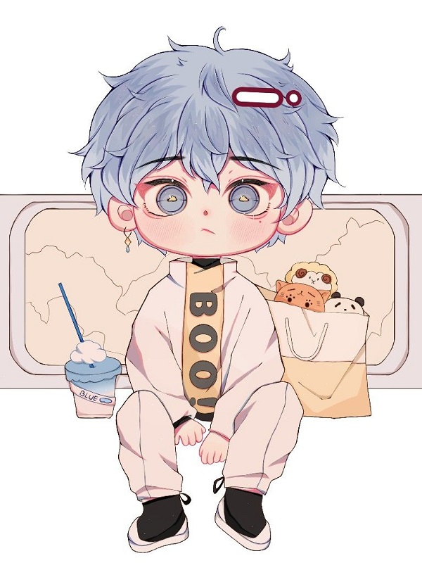 Chàng trai chibi mặc đồ ngủ, tay ôm gối, chuẩn bị đi ngủ.