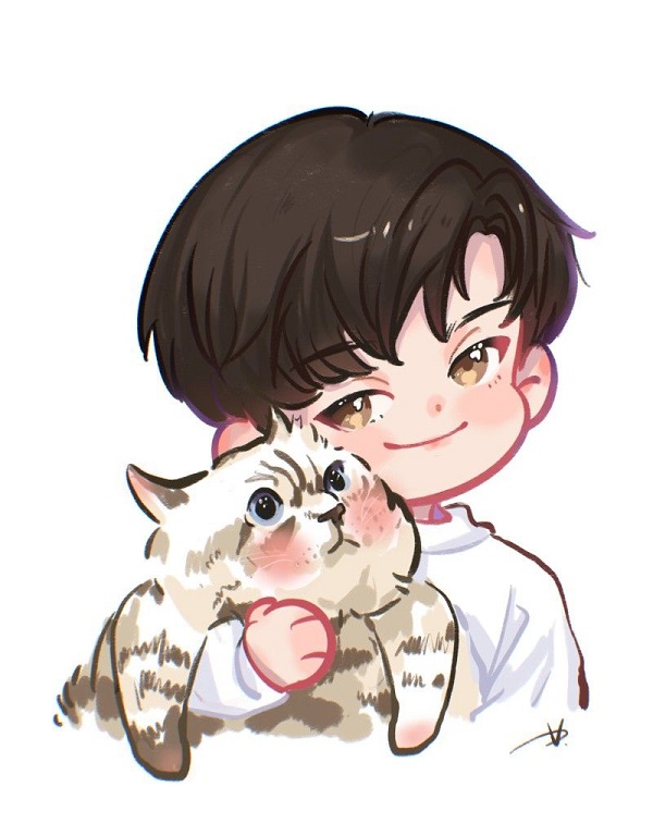 Nhân vật chibi nam với một chiếc kẹo mút to hơn đầu.