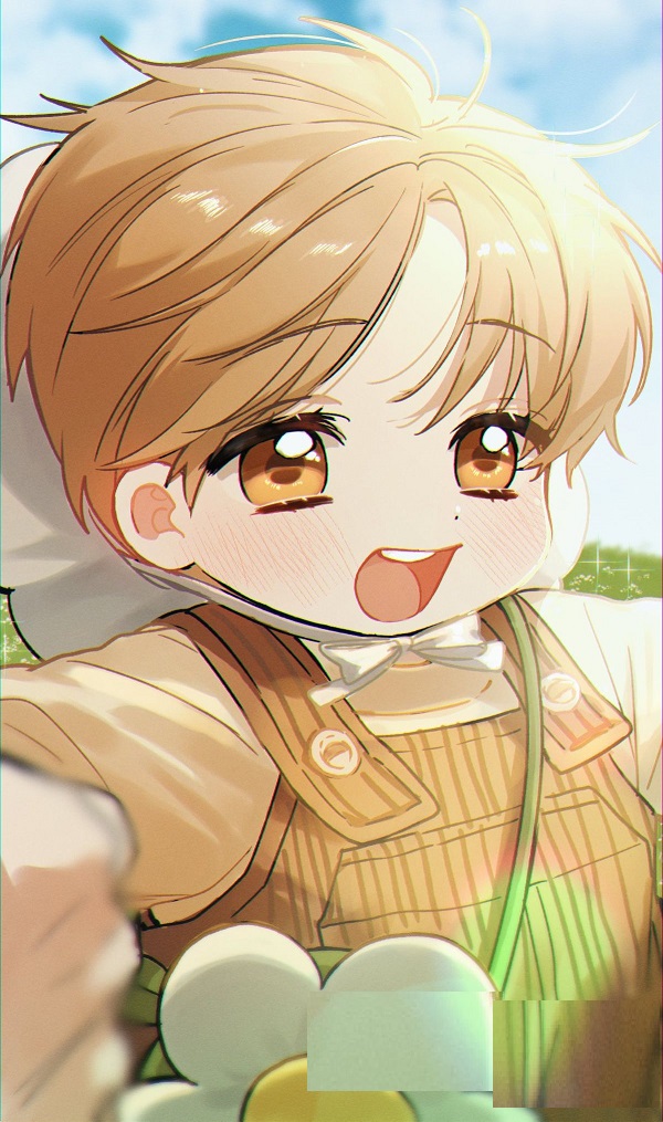 Chàng trai chibi đang chơi game, vẻ mặt tập trung.