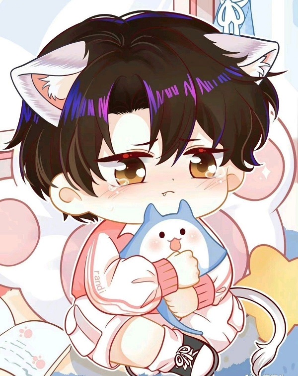 Nhân vật chibi nam với mái tóc xoăn tít, rất đáng yêu.