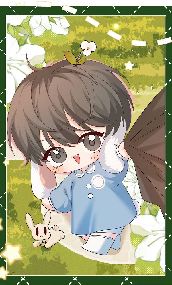 Chàng trai chibi mặc đồ đầu bếp, đội mũ to.
