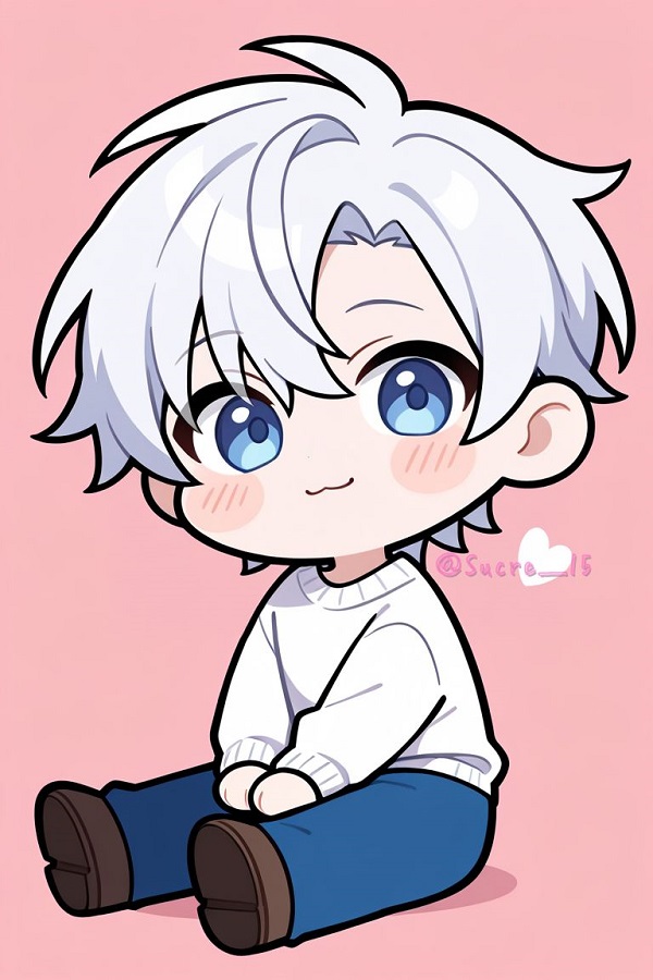 Nhân vật chibi nam mặc áo hoodie rộng thùng thình, tay cầm một ly sữa nóng.