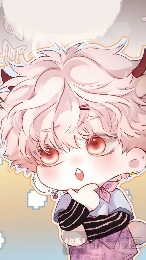 Chibi nam anime với đôi mắt nhắm nghiền, đang cười khúc khích.