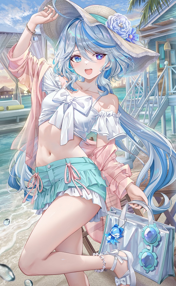 Hình ảnh một cô gái anime với mái tóc màu cầu vồng, rất nổi bật.
