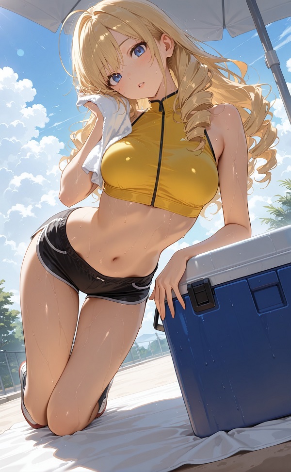 Hình ảnh một cô gái anime tạo dáng duyên dáng, mái tóc dài bồng bềnh bay trong gió.