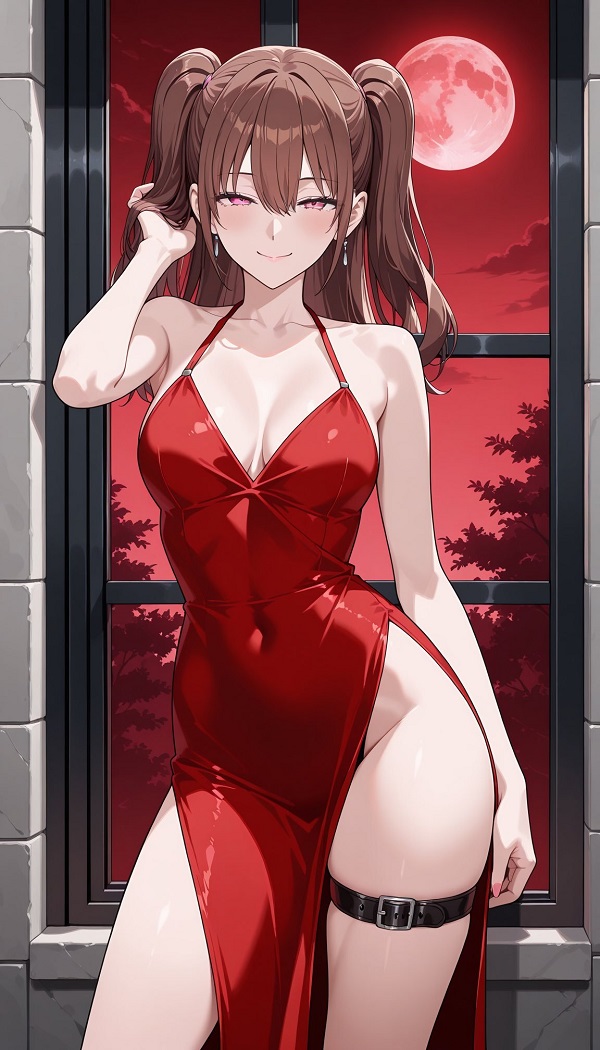Hình ảnh một cô gái anime trong bộ đồ ngủ lụa, gợi cảm và thanh lịch.