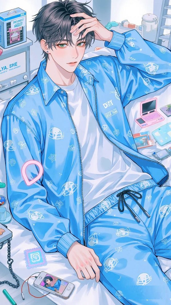 Trai đẹp anime tóc đen ngồi lặng nhìn hoàng hôn