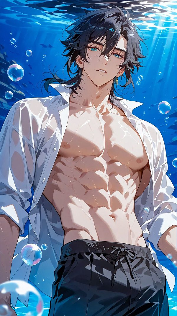 Nhân vật anime body chuẩn đứng cạnh hồ bơi